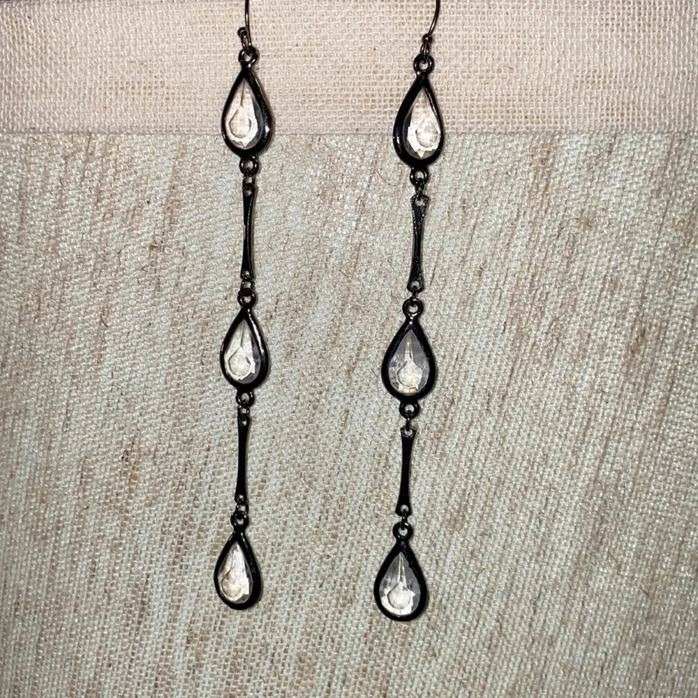 4” drop dangle earrings dark silver metal & clear crystal jewels 3 tier hanging - Picture 1 of 5